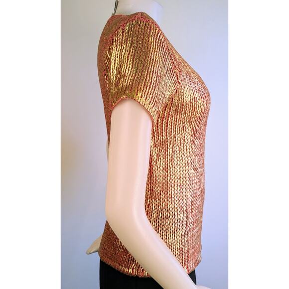 Oscar de la Renta Sweater VTG Petite Med Coral Gold Shimmer Short Sleeve Ribbed - Picture 4 of 9